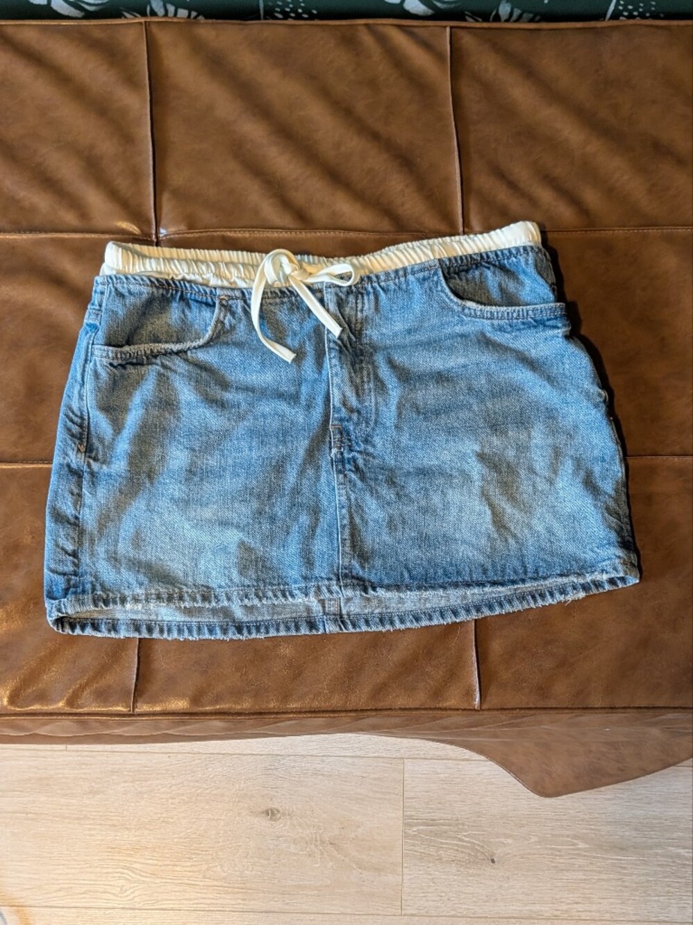 Zara Light Blue Denim Mini Skirt with Cream Drawstring Waist